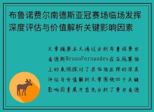 布鲁诺费尔南德斯亚冠赛场临场发挥深度评估与价值解析关键影响因素